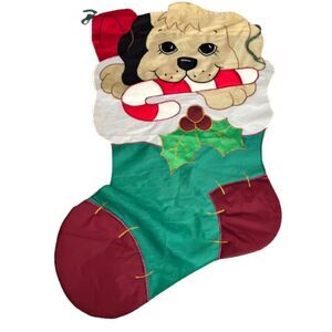 Vintage Nylon Gold Embroidered Applique Cut Out 24"x43"Puppy Christmas Flag